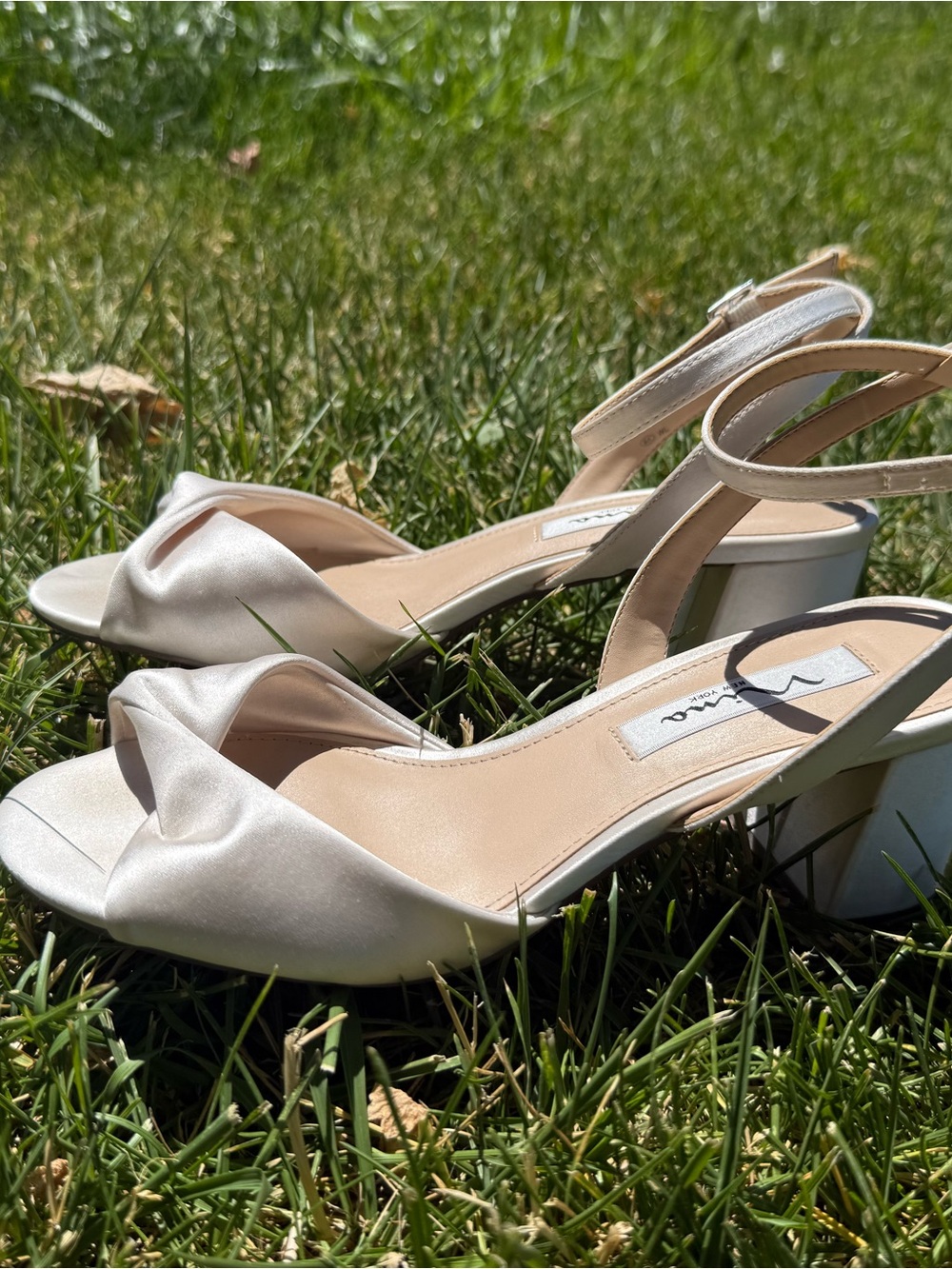 Nina Ivory Satin Block Heel Sandals -